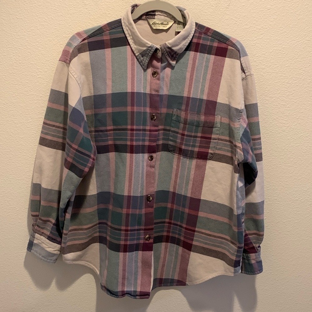 Eddie Bauer Womens Heavy Cotton Button Down. Check Gray Pink Purple Green. L.  
